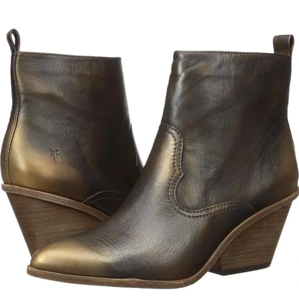 Frye‎ Amado Wedge Ankle Bootie Bronze Brown Leather 7.5